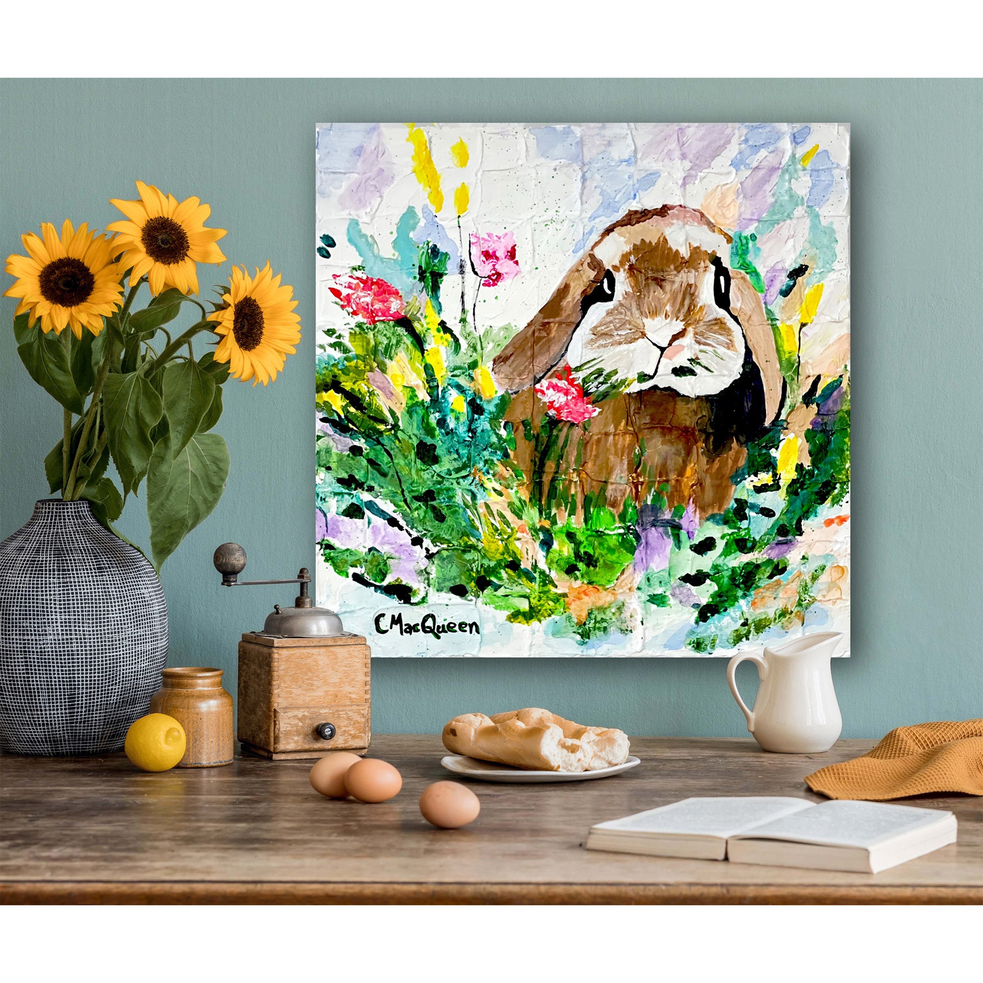 Expressive Belgium Lop Ear Rabbit in Wild Flowers | seaweeddesigns